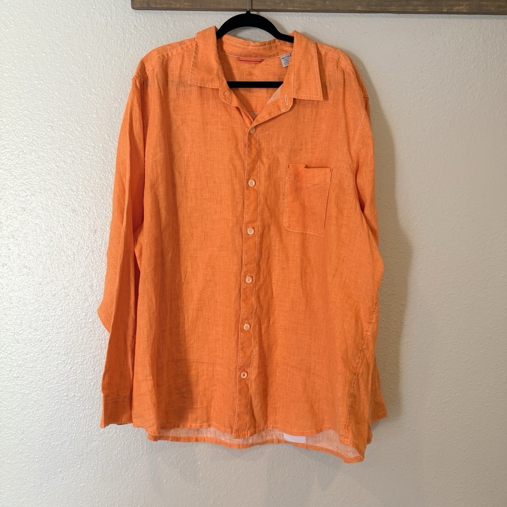 Tommy Bahama Mens XXL Coral Orange 100% Linen Embroidered Long Sleeve Shirt
